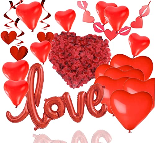 Set decorativo XXL per San Valentino, proposta di matrimonio, con palloncini, ghirlanda, palloncini in pellicola, petali di rosa rossi, per lui e per lei, fidanzata e fidanzato (XXL)