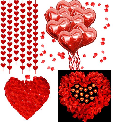 Set di Decorazioni per San Valentino, 2000 Petali di Rosa, 20 Palloncini rossi, 6 pezzi Ghirlanda a Forma di Cuore, 50 Romantiche Candele , Decorazioni per Matrimoni