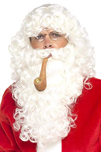 SMIFFYS Smiffy s Kit abito Babbo Natale, Bianco, con parrucca, barba, occhiali e pipa, Deluxe, Occhia per Adulti, Taglia Unica, 30069