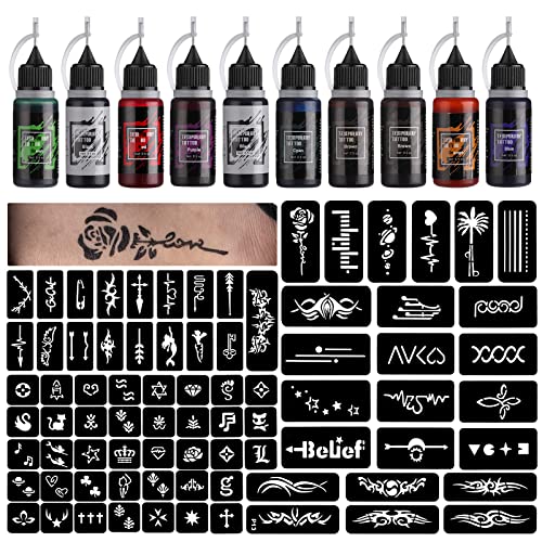 STIGMA Kit Tatuaggio Temporaneo 10 Bottiglie Inchiostri Colorati, 84 Pezzi Kit Stencil per Pittura Corpo Tatuaggi Temporanei Fai da Te, Tatuaggio Finto Fai da Te per Donne Bambini