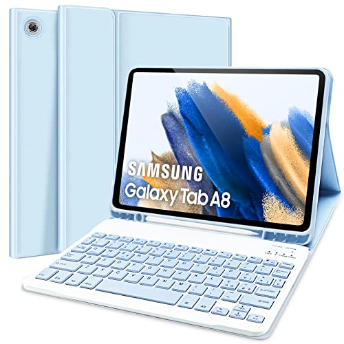 Tastiera con Custodia per Samsung Galaxy Tab A8 10,5 2021 (SM-X200 X205), Layout Italiano, Slim Cover con Supporto per Pencil & Rimovibile Magnetica Wireless Bluetooth Tastiera, Cielo Blu