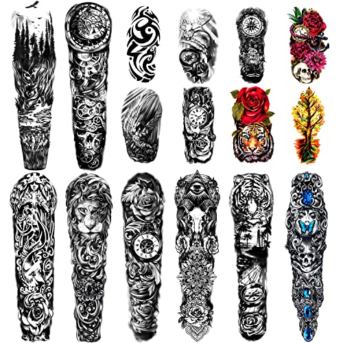 Tatuaggi temporanei impermeabili extra large 8 fogli Tatuaggi finti a braccio completo e 8 fogli adesivi per tatuaggio a metà braccio per uomo e donna (58x18 cm)