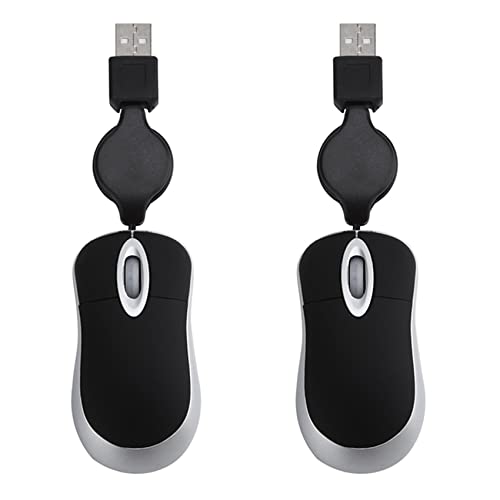Toranysadecegumy 2 mini cavi USB per mouse rilegati, cavo retrattile, mouse piccolo, 1600 DPI ottico, compatto, per Windows 98 2000 XP Vista Ve (nero)