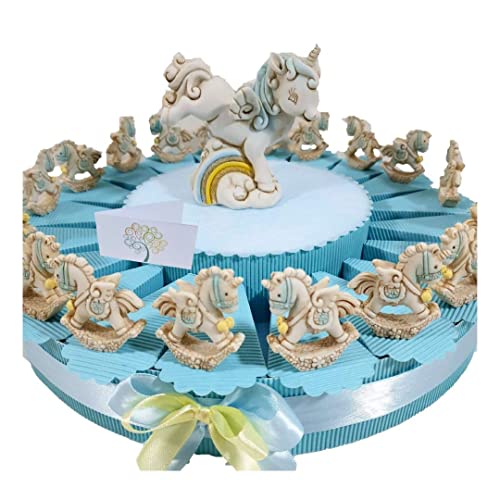Torta bomboniere Battesimo Bimbo Cavalluccio a Dondolo animaletti Unicorno Confetti Azzurri e bigliettini (Torta 20 fette Unicorno Statuetta)