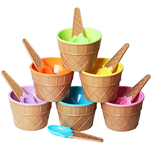 TRIXES Set di 6 coppette per gelato in plastica, cucchiai coordinati, set per gelato, coppette per dessert, colori assortiti, coppette per dessert in plastica, coppette per dessert