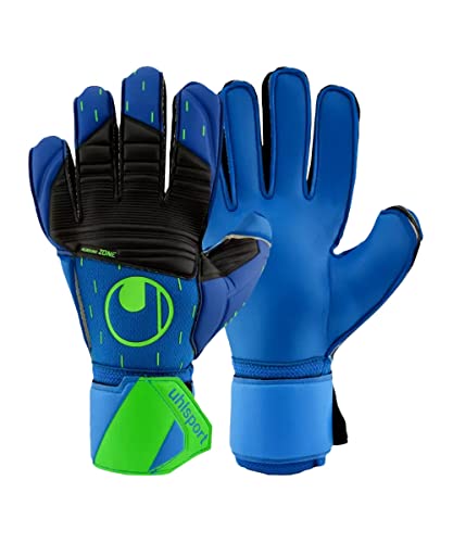 uhlsport AQUASOFT Guanti da portiere Keeper Calcio Soccer Gloves con fissaggio al polso – specifici per il tempo bagnato – Pacific blu nero verde fluo – taglia 10