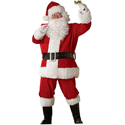 Uomini Babbo Natale Outfit Natale Cosplay Costume Bianco Barba Cappello Top Pantaloni Cintura Rosso L 5PCS Babbo Natale Costumi Set