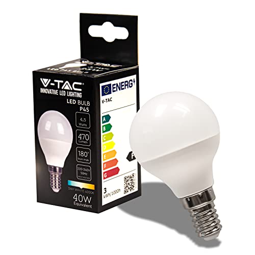 V-TAC Lampadina LED con Attacco E14 4,5W (Equivalenti a 40W) P45 - 470 Lumen - Lampadina LED Massima Efficienza e Risparmio Energetico - Luce 4000K Bianca Naturale