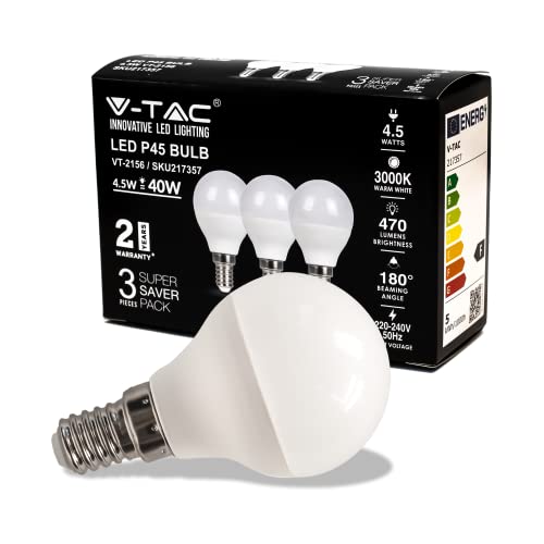 V-TAC Lampadina LED con Attacco E14 4,5W P45 470 Lumen - Lampadina LED Massima Efficienza e Risparmio Energetico - Luce 3000K Bianca Calda (Box 3 Pezzi)