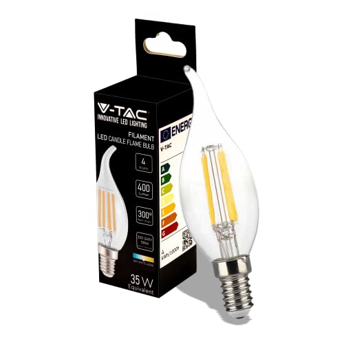 V-TAC Lampadina LED Filamento Fiamma con Attacco Edison E14 - 4W (Equivalenti a 35W) - 400 Lumen - Massima Efficienza e Risparmio Energetico - 4000K Luce Bianca Naturale - (Box 1 Pezzo), 214429