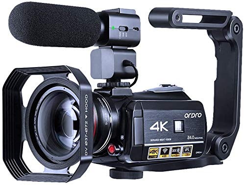Videocamera Videocamera 4K ORDRO WiFi Ultra HD Vlog Camera per YouTube, Videoregistratore IR per visione notturna con microfono, obiettivo ampio, paraluce obiettivo, 2 batterie