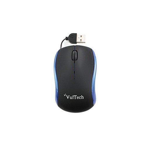 VulTech MN-01B Mini Mouse, Ottico, 1200Dpi, Cavo Retrattile, USB 2.0, Blu Nero