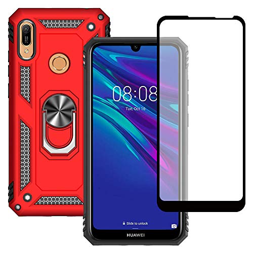 Yiakeng Cover Huawei Y6 2019, con Proteggi Schermo, Custodia Slim Silicone Armour Bumper Antiurto Telefono Case con Kickstand per Huawei Y6 2019 (Rosso)