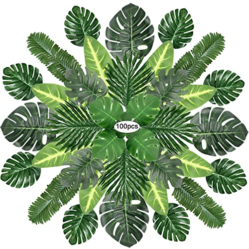 100 pezzi 8 tipi di foglie di palma artificiali con steli piante tropicali foglie di palma foglie di monstera tropicali foglie finte piante per a tema spiaggia decorazioni per la tavola di nozze
