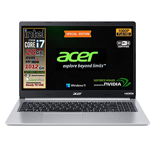 Acer Notebook, Intel i7 1167g7 di 11 Gen 4 Core 4.7Ghz, RAM 20 Gb, SSHD 1012 Gb, 15.6  Full HD, Geforce MX450, Tastiera retroilluminata, fingerprint, Wi-Fi 6, lan, hdmi, Win 1164 bit, Pronto all Uso