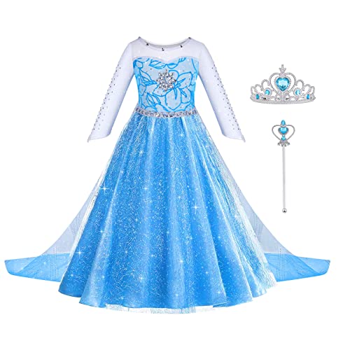ACWOO Elsa Vestito Set, Costume Elsa Anna Congelamento Bambina Principessa con Corona Bacchetta, Elsa Vestito Bambina Principessa per la Halloween Cosplay Party Compleanno Vestito Fantasia (120cm)
