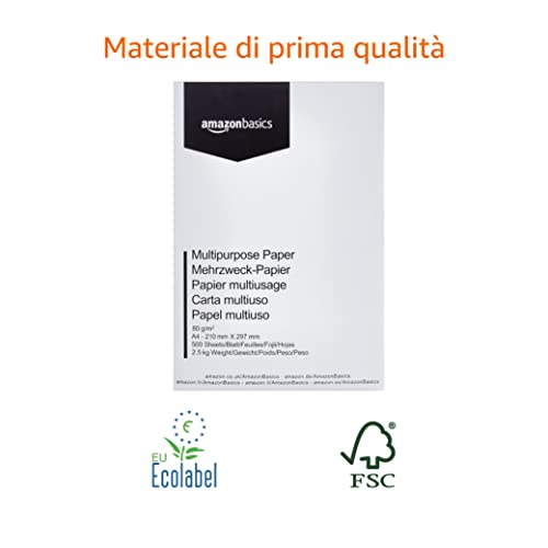 Amazon Basics Carta da stampa multiuso A4 80gsm, 5x500 fogli, bianc...