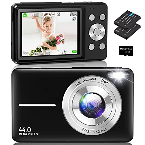 Amdeurdi Fotocamera Digitale 1080P FHD Videocamera 44MP 16× Digital Zoom Mini Fotocamera Compatta per Bambini,Adolescenti, Principianti,Studenti,Anziani - Nero