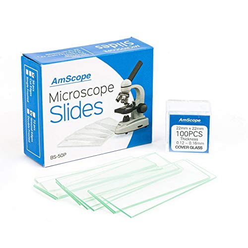 Amscope - Confezione da 50 vetrini per microscopio vuoti, in vetro, prepuliti, con 100 coprioggetto quadrati da 22 x 22 mm