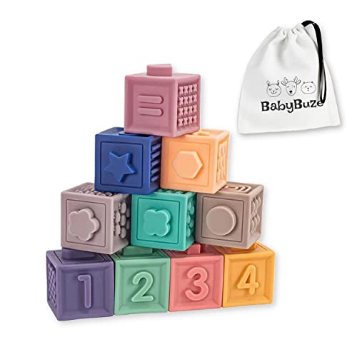 BabyBuze 12 pcs Baby Blocco Blocks morbidi da costruzione per neonati bambini - Montessori in silicone Cubo – per Bambino 6-12 Mesi – Building Educativi Dentizione – Teether sensoriali (12 pcs)