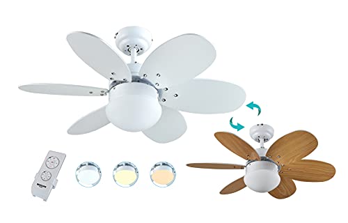 Bastilipo Minorca RC-Ventilatore da soffitto con telecomando-60 W e 75 cm di Diametro-Luce LED Integrata, Bianco Pino, Menorca