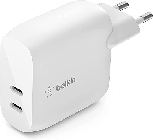 Belkin Caricabatteria da parete USB Type C PD da 40 W (2 porte USB-C, 20 W per porta, ricarica rapida PD per iPhone 14 14 Plus, 13, 12, iPad Pro, Galaxy e altri)
