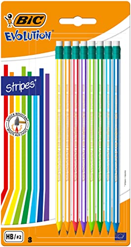Bic Matite Hb Grafite Con Gomma, Evolution Stripes, Confezione Da Otto Matite, Multicolore, 24 X 12.7 X 0.9 Cm