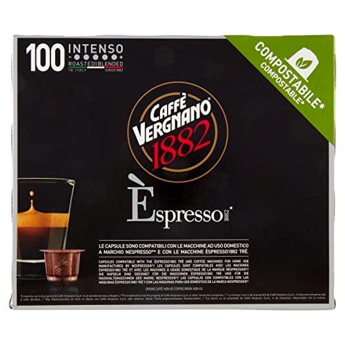 Caffè Vergnano 1882 Èspresso Capsule Caffè Compatibili Nespresso Compostabili, Intenso - Pack da 100 Capsule
