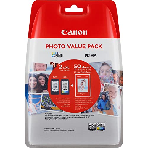 Canon PG-545 CL-546 XL Cartucce Inchiostro + Carta Fotografica GP-501 50 fogli, Formato XL Multipack Blister Security, Nero e Colore