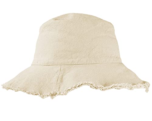 Cappelli a secchiello sfilacciati per le donne uomini in cotone lavato invecchiato estivo-sun-cappello solido largo tesa pescatore Cap, Beige, Etichettalia unica