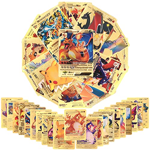 Carte Oro Pokeman, 55 Pezzi Carte Rare da Collezione Inglese, Vmax+V+GX+EX Carte Oro, Metallo Raro Carta, Trading Cards, Game Scambio Cards, Collezione Carte VMAX, Regalo Della Collezione dei Bambini