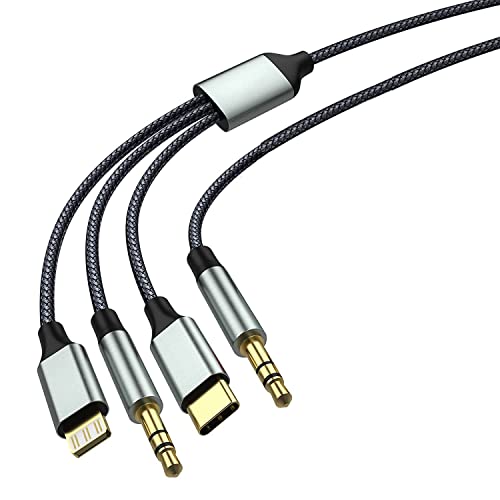 Cavo Aux 3,5mm, 3 in 1 3,5mm USB Tipo C Lightning Maschio a 3,5mm Maschio Compatibile con iPhone Samsung Galaxy Huawei Google Pixel OnePlus per Home Theater, Amplificatore, HDTV, Subwoofer ecc