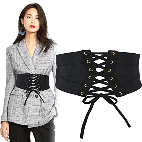 Cintura corsetto nera per donna,cintura elastica in vita con lacci alla moda legata con cintura larga Waspie per donne e ragazze