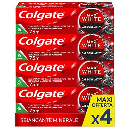 Colgate Dentifricio Sbiancante Max White Carbon, Dentifricio Minerale Delicato Al Carbone Attivo Per Denti Bianchi, 4 x 75 ml