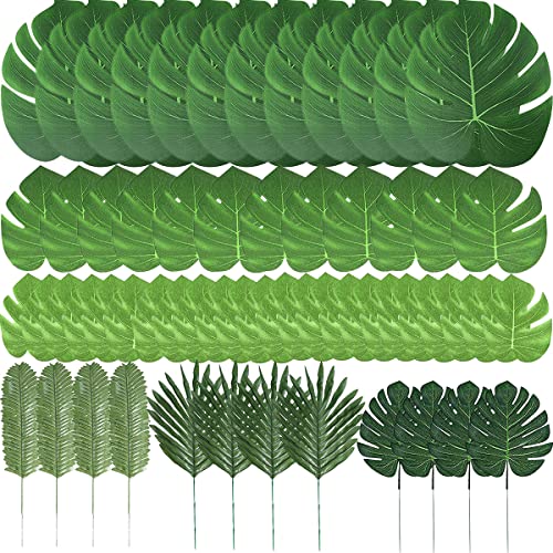 Confezione da 60 foglie di palma artificiali, con 6 tipi di foglie artificiali di Monstera con stelo, imitazione di piante tropicali per feste a tema hawaiano, luau, festa nella giungla