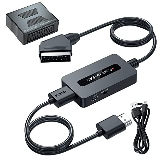 Convertitore Scart a HDMI con Adattatore Scart Femmina a Femmina + Cavi Scart e HDMI, Supporta 4 : 3 e 16 : 9 Interruttore di Uscita HDMI per N64  Wii  PS2  Xbox  DVD  STB, Scart to HDMI Converter