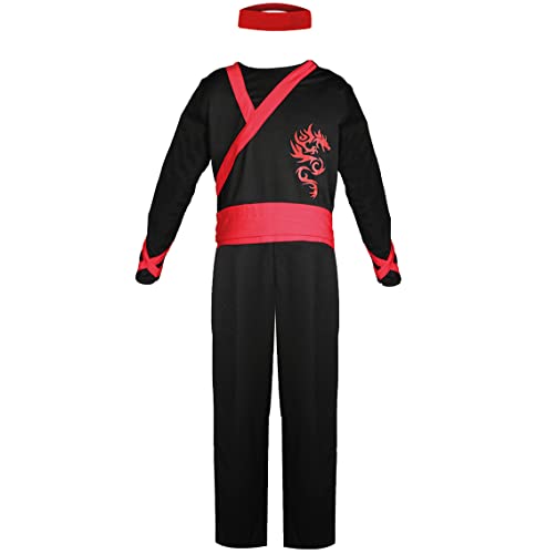 Costume da drago ninja, vestito nero e rosso, con simbolo di drago rosso + bandana rossa – costume da bambino ninja fantasia (10-12 anni)