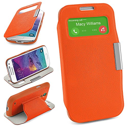 Cover OneFlow per Samsung Galaxy S4 Mini Custodia con Finestra | Flip Case Astuccio Cover per Cellulare apribile | Custodia Cellulare rotettiva Accessori Cellulare Protezione Paraurti Canyon-Orange