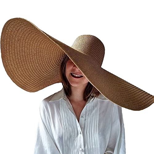Dremokay Cappelli da spiaggia oversize a tesa larga per le donne cappello di paglia grande protezione UV parasole pieghevole cappello estivo 70CM, cachi, Taglia unica