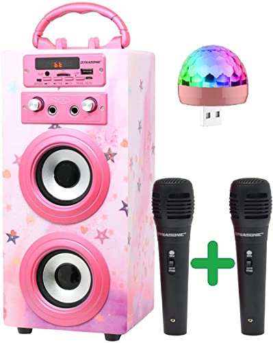 DYNASONIC - Cassa Bluetooth portatile (3a generazione) con modalità karaoke e microfono, radio FM e lettore SD USB (025-15 luci da discoteca Pack)