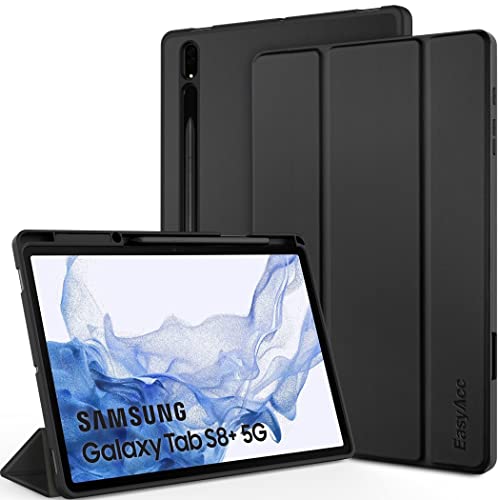 EasyAcc Cover Custodia Compatibile con Samsung Galaxy Tab S7 Fe S8+ Plus 2023 S7+ Plus, Ultra Sottile Smart Cover Case in Pelle con Sonno Sveglia Funzione per SM-T730 T736B SM-X800 X806-Nero