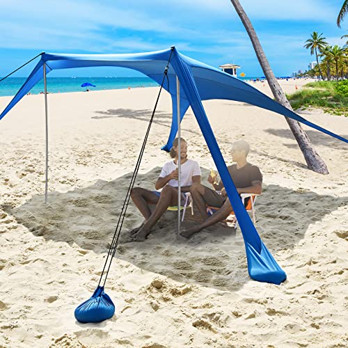 ELUTENG Tenda da spiaggia con 4 pali in alluminio UPF50+ con pala per sabbia, picchetti e pali di stabilità, tenda pop-up all aperto per gite in campeggio, pesca, divertimento in cortile, picnic, blu