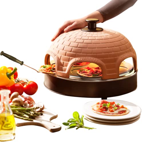 Emerio PIZZARETTE L ORIGINALE, 1 cappa in terracotta fatta a mano, design brevettato, per mini pizza, vero divertimento in famiglia per 6 persone, terracotta, arancione nero, PO-115984