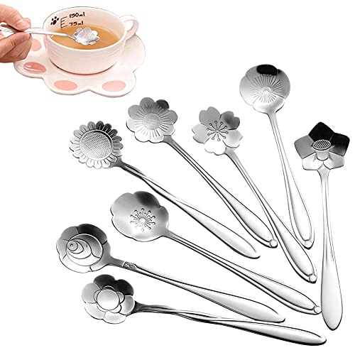 FANSEZQ Set di cucchiaini per Fiori 8 Forme cucchiaino da caffè in Acciaio Inox cucchiaino da caffè stoviglie Creative, Cucchiaio Misto da 12,5 cm Cucchiaio Zucchero Cucchiaio Gelato (Argento)