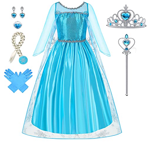 Foierp Elsa Vestito Set - Costume Elsa Anna Frozen Bambina Principessa con Corona Bacchetta Guanti Treccia per la Halloween Cosplay Party Compleanno Vestito Fantasia