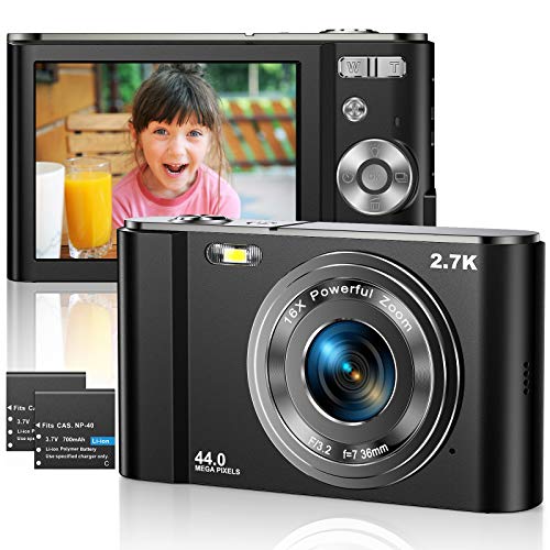 Fotocamera digitale 2.7K Videocamera HD 44MP LCD da 2,8 pollici Ricaricabile Fotocamera tascabile per studenti con zoom digitale 16X Videocamera Youtube Vlogging per bambini, adulti, principianti