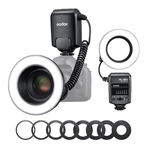 Godox ML150II portatile LED Macro Ring Flash Set di luci flash ad anello Selezione della potenza a 6 livelli (1 32-1 1) 5800K±200K Dimmerabile per Nikon Canon Olympus Sony Con anello adattatore 8X.