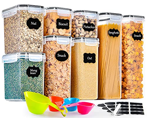 GoMaihe Contenitori Alimentari per Cereali Set 8 Pezzi, Contenitori Ermetici Alimentari Plastica con Coperchio per Alimenti Set, Utilizzato per la Conservazione di Pasta, Cereali, Muesli, Farina