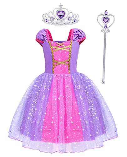 Hamanasu Costume da Principessa Rapunzel per Bambina, Vestito da Festa di Compleanno con Accessori (Viola01，4-5anni 90)
