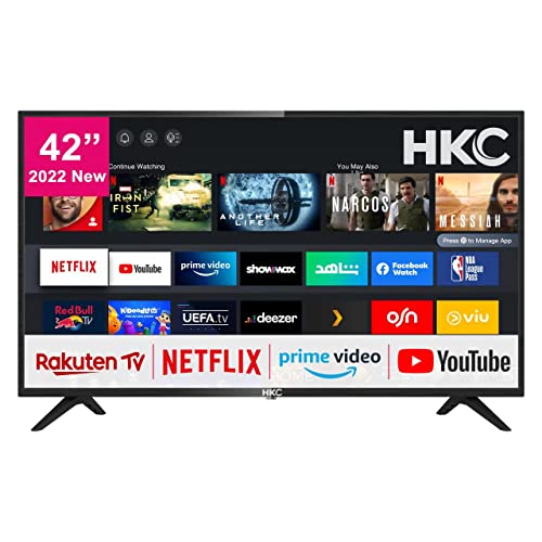HKC Smart TV 42 pollici (106 cm) Televisore con Netflix, Prime Video, Rakuten TV, DAZN, Disney+, Youtube, UVM, Wifi, Triple-Tuner DVB-T2   S2   C